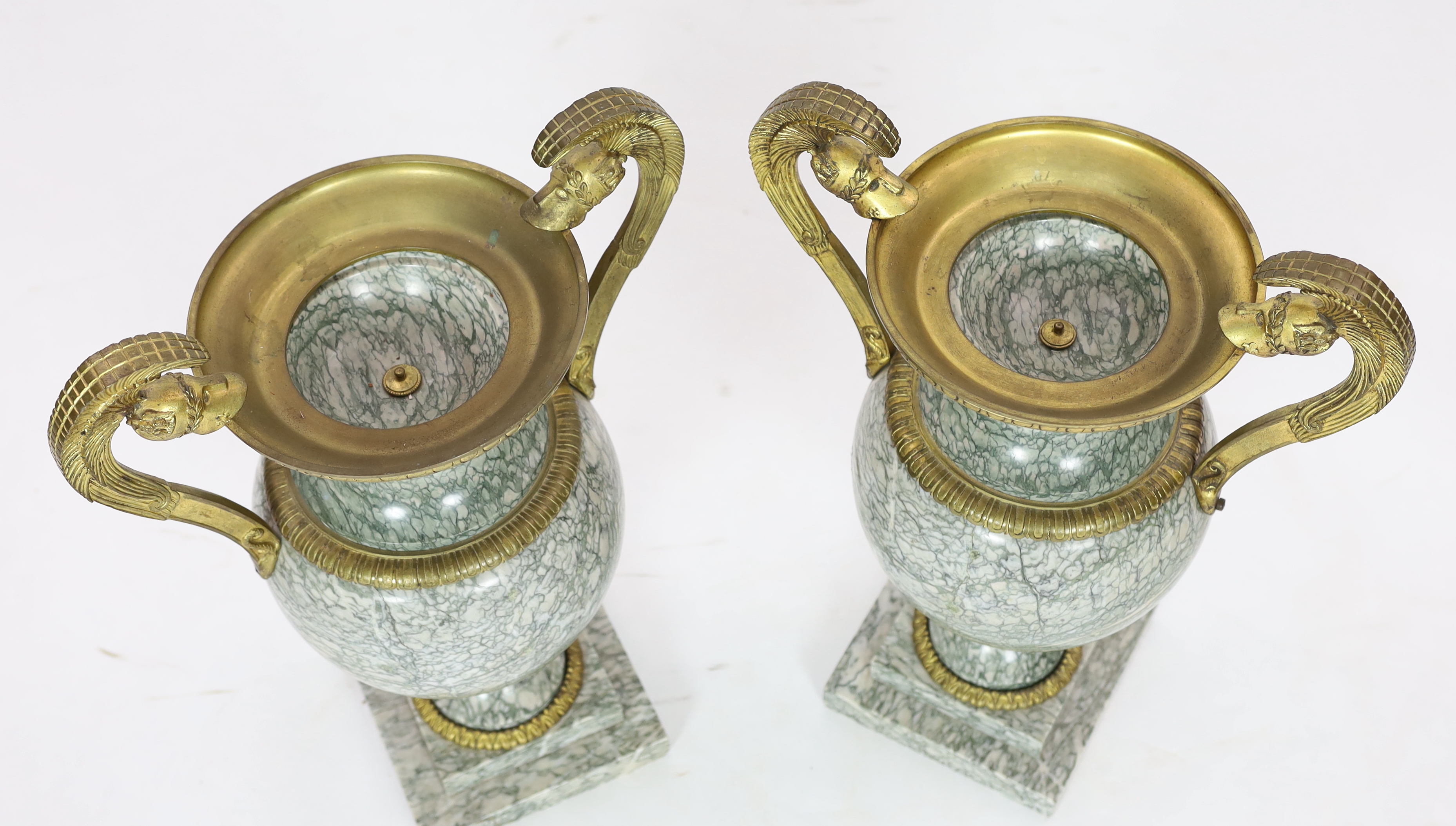 A pair of 19th century ormolu mounted Chipollino green variegated marble vases Please note this lot attracts an additional import tax of 5% on the hammer price